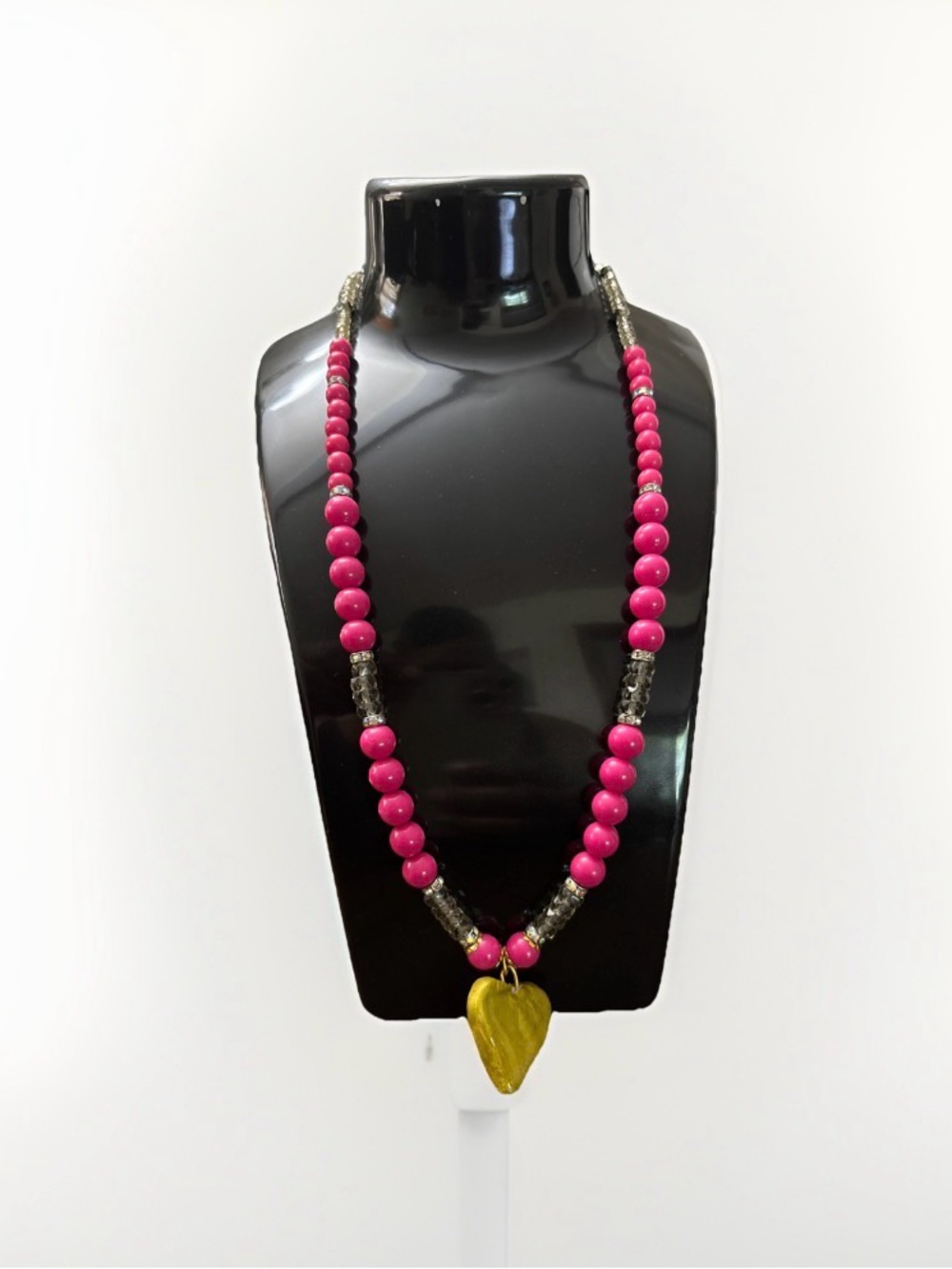 Pink Beaded Necklace with Gold Heart Pendant